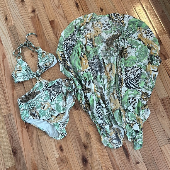 AERIE WOMENS ONE PIECE BATHING SUIT JUNGLE LEOPARD GREEN MEDIUM INCLUDES KIMONO - Picture 4 of 10